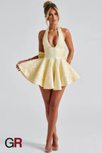 Regal Jacquard Halter Bow Dress - GlamoROZ
