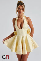 Regal Jacquard Halter Bow Dress - GlamoROZ