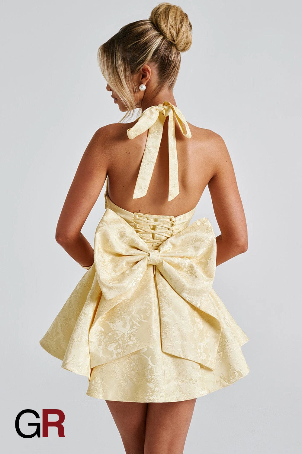 Regal Jacquard Halter Bow Dress - GlamoROZ