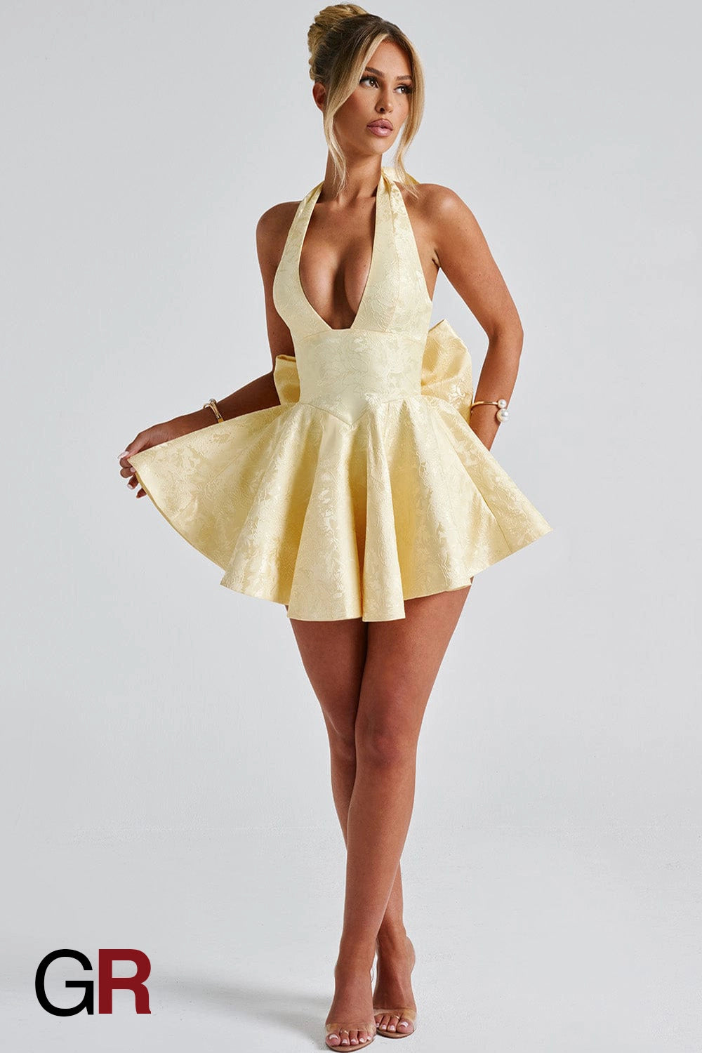 Regal Jacquard Halter Bow Dress - GlamoROZ
