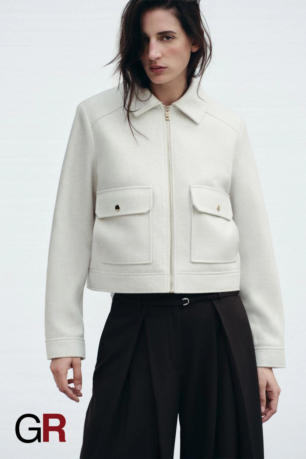 Lapel Woolen Zip White Pocket Coat - GlamoROZ