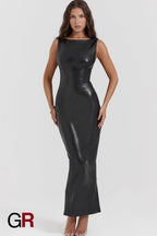 Luxe Noir PU Leather Split Gown - GlamoROZ