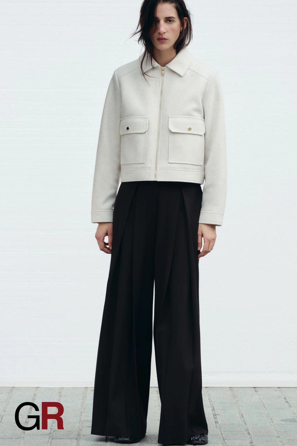 Lapel Woolen Zip White Pocket Coat - GlamoROZ