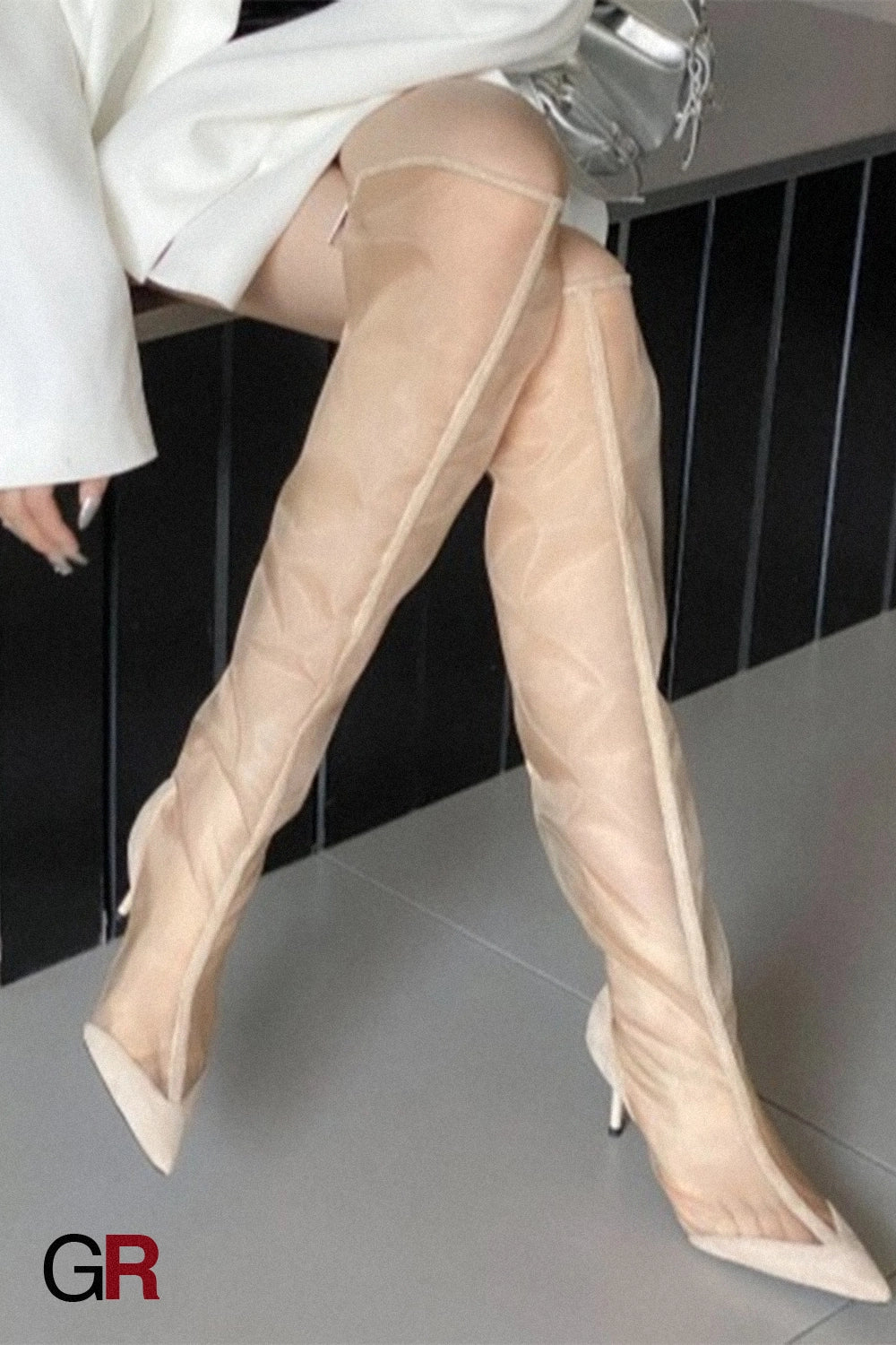 Fashion Pointed Transparent Mesh High Leg Boot Back Zipper Breathable Stiletto Heel Sandal Boots