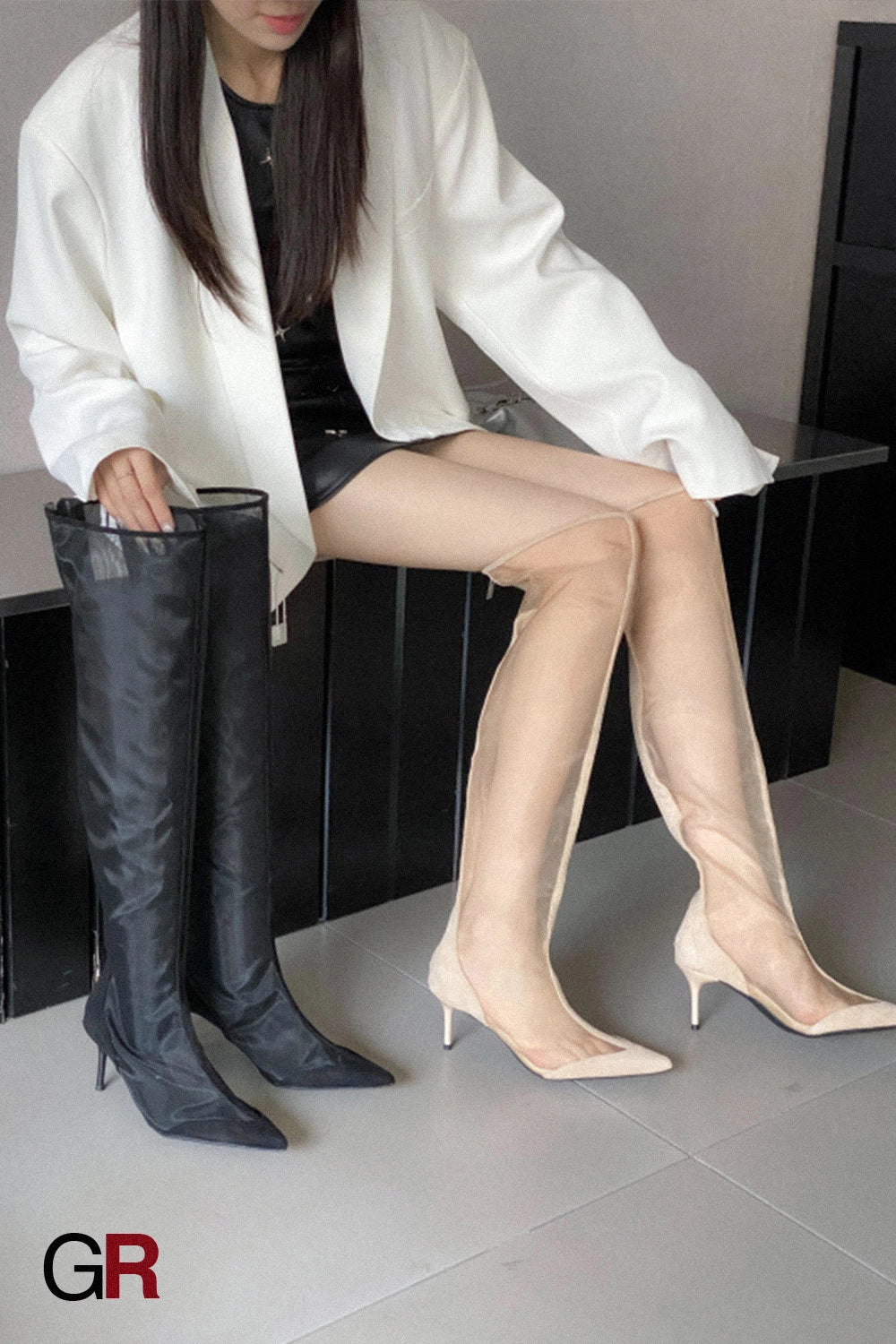 Fashion Pointed Transparent Mesh High Leg Boot Back Zipper Breathable Stiletto Heel Sandal Boots