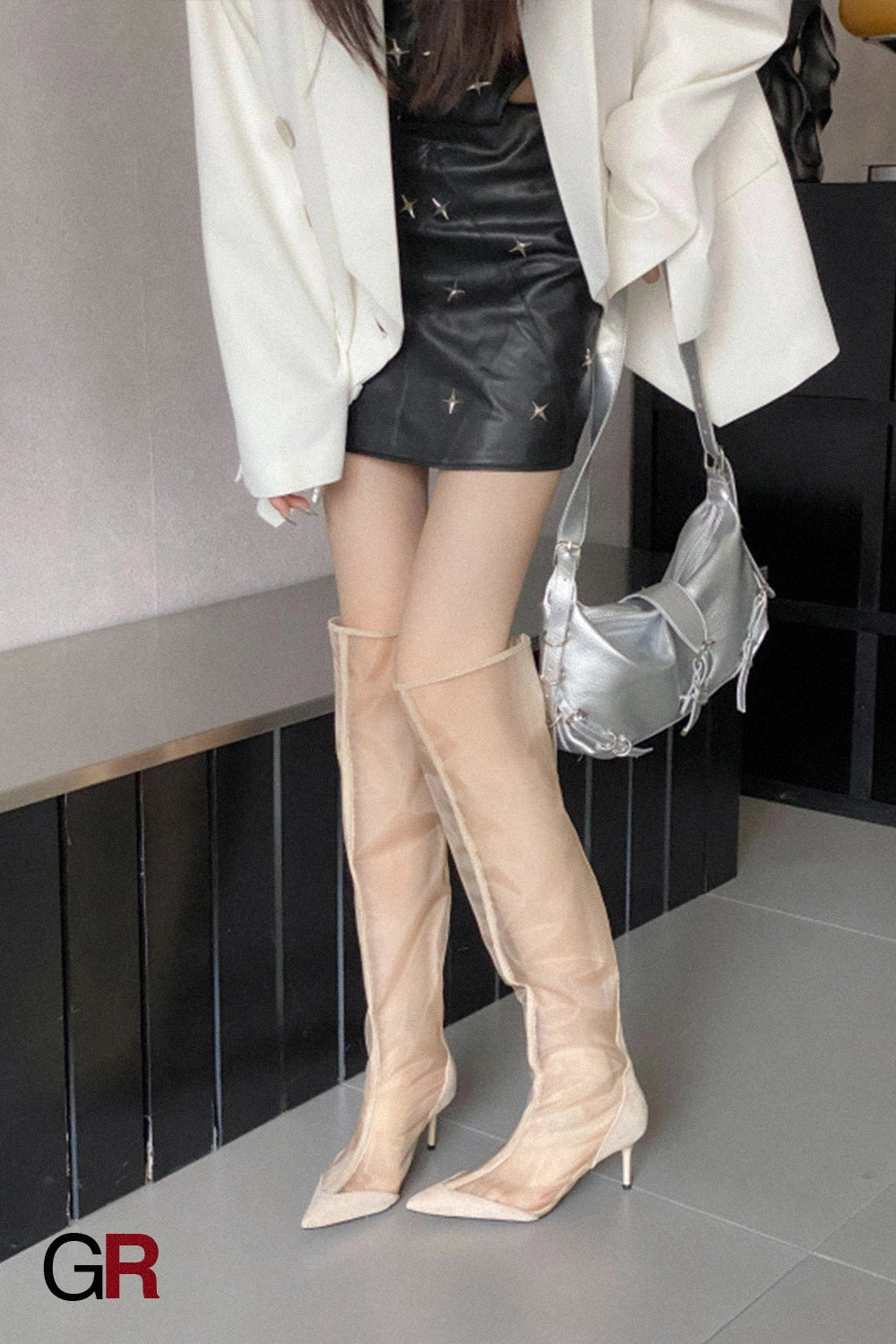Fashion Pointed Transparent Mesh High Leg Boot Back Zipper Breathable Stiletto Heel Sandal Boots