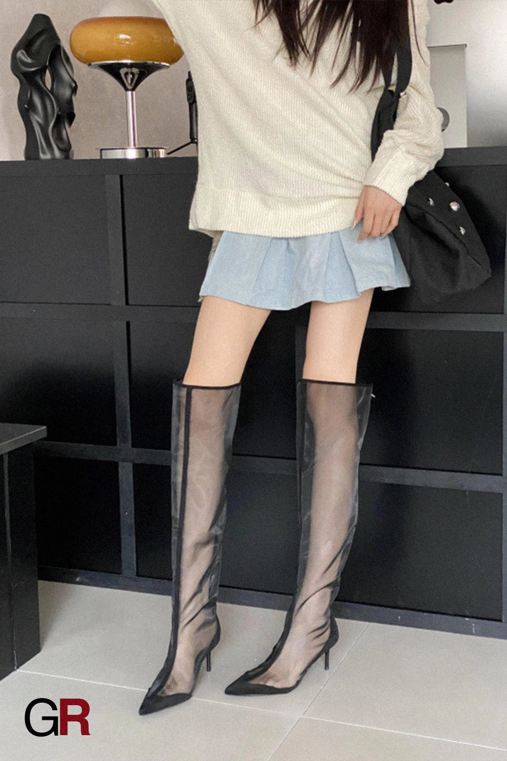 Fashion Pointed Transparent Mesh High Leg Boot Back Zipper Breathable Stiletto Heel Sandal Boots