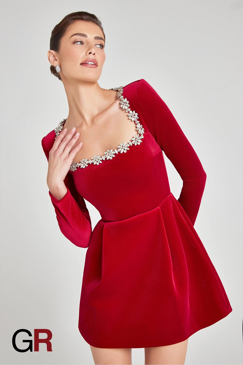 Floral Radiance Rhinestone Red A-Line Dress - GlamoROZ