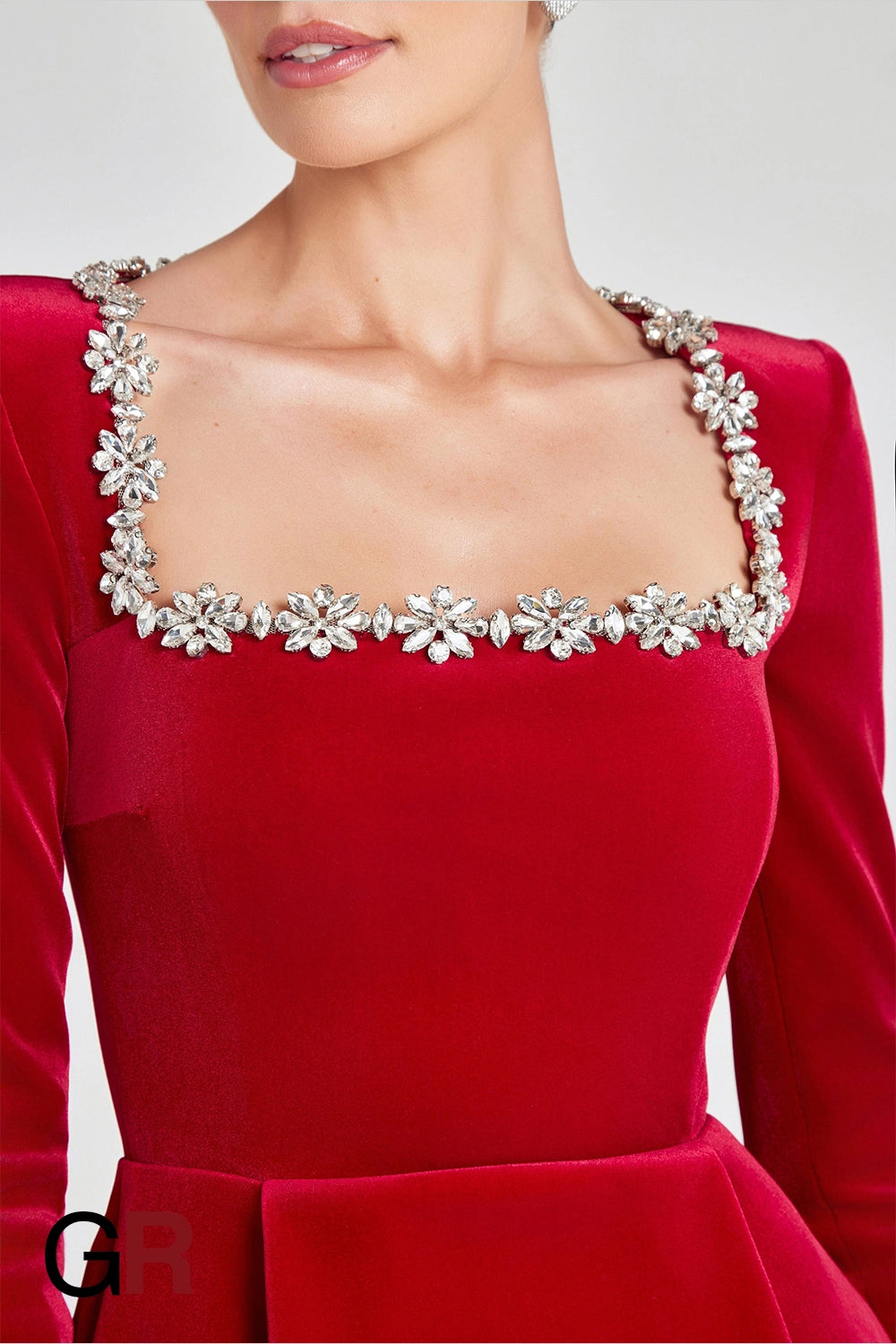 Floral Radiance Rhinestone Red A-Line Dress - GlamoROZ