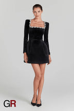 Floral Radiance Rhinestone Black A-Line Dress - GlamoROZ