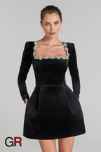 Floral Radiance Rhinestone Black A-Line Dress - GlamoROZ
