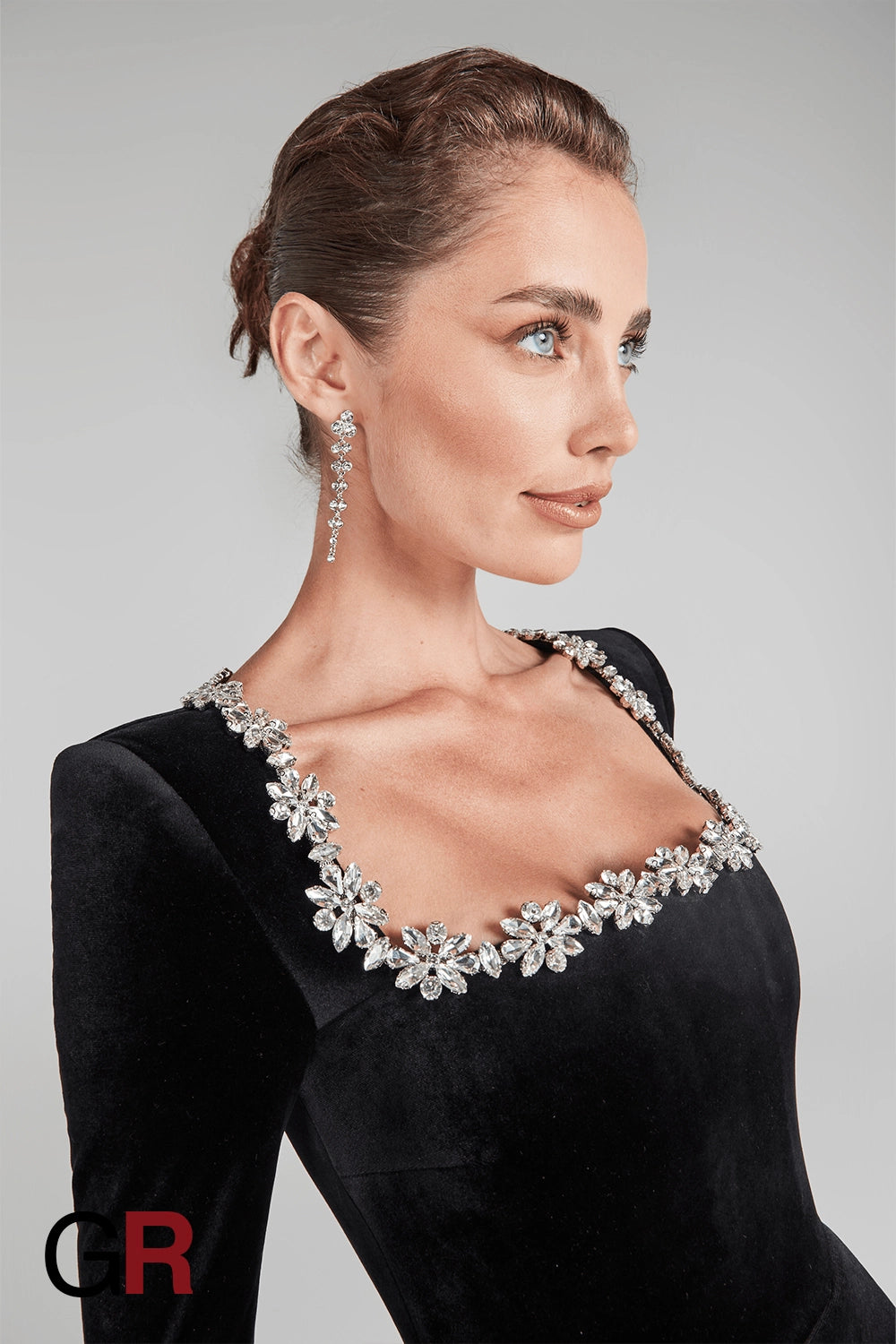 Floral Radiance Rhinestone Black A-Line Dress - GlamoROZ