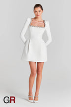 Floral Radiance Rhinestone White A-Line Dress - GlamoROZ