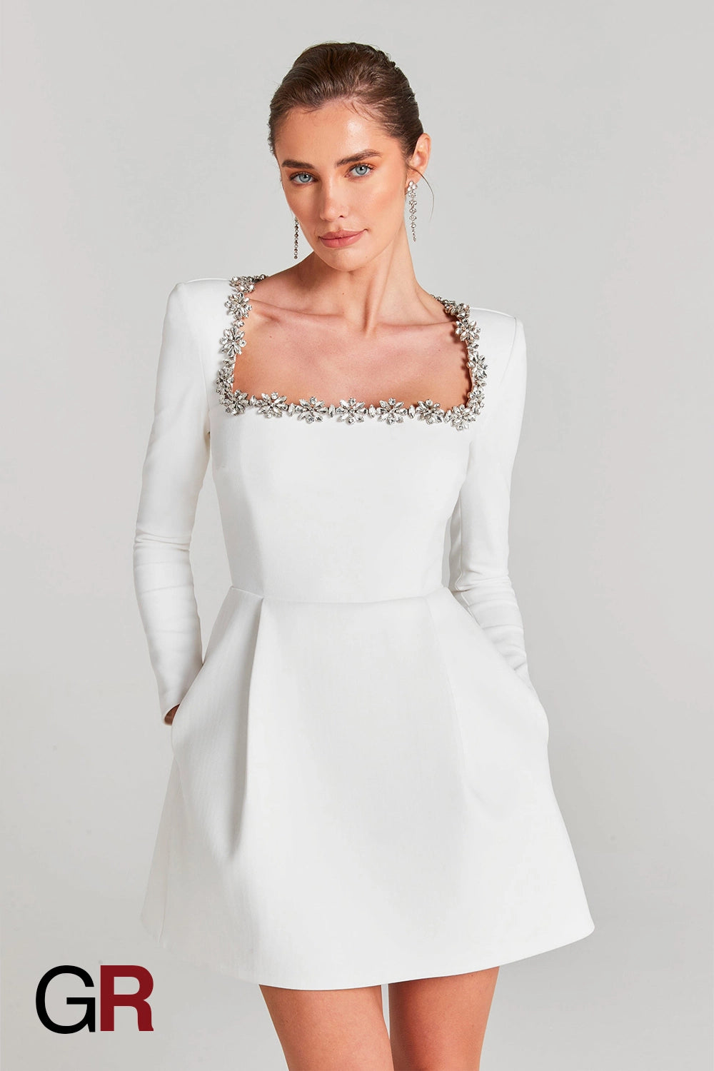 Floral Radiance Rhinestone White A-Line Dress - GlamoROZ