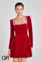 Floral Radiance Rhinestone Red A-Line Dress - GlamoROZ