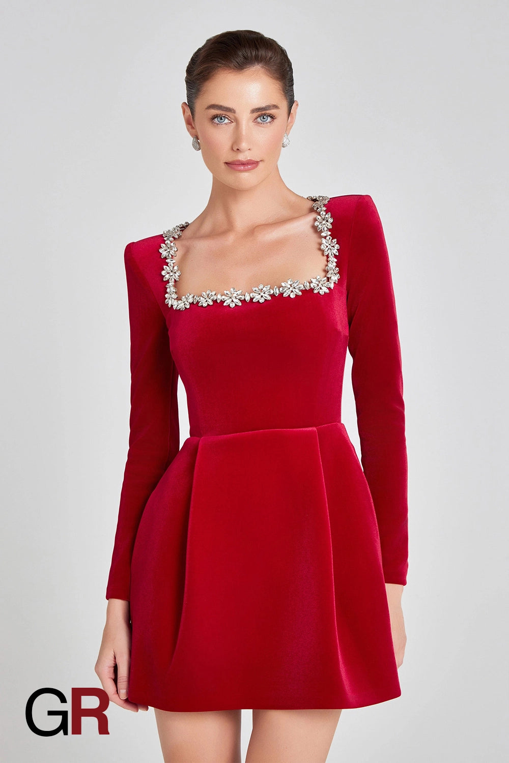 Floral Radiance Rhinestone Red A-Line Dress - GlamoROZ