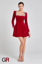 Floral Radiance Rhinestone Red A-Line Dress - GlamoROZ