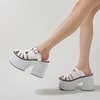Super High Heel Platform Slippers Patent Leather Hollowed Toe Box Chunky Heel