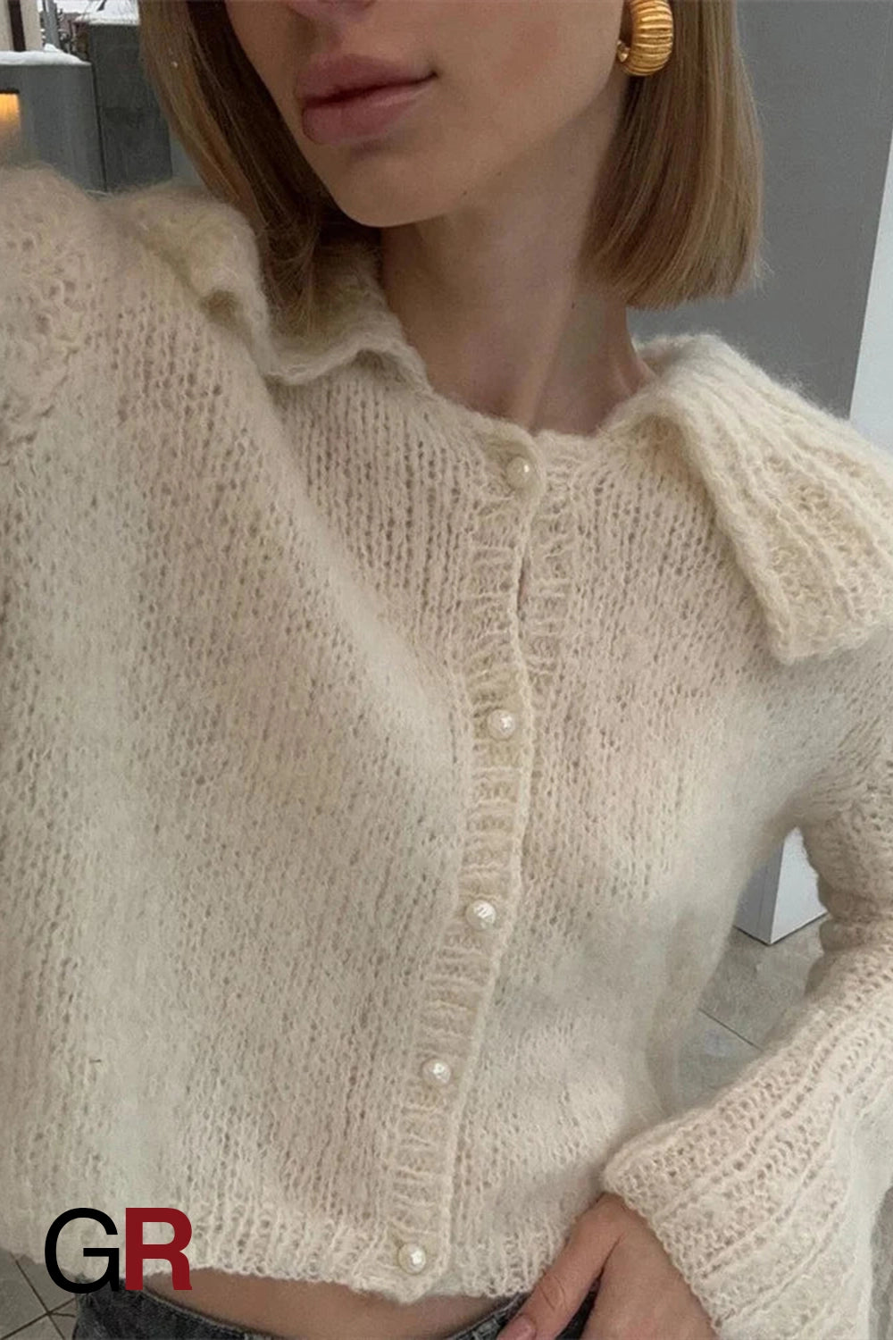Luxe Short Lapel Bell Sleeve White Sweater - GlamoROZ