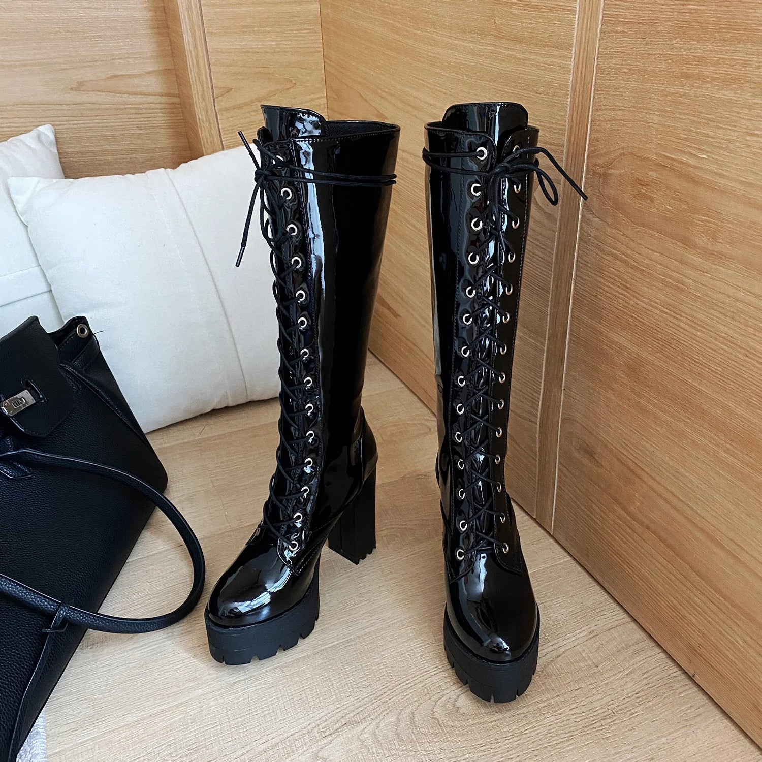 Grandeur Gloss Lace-Up Heel Boots - GlamoROZ