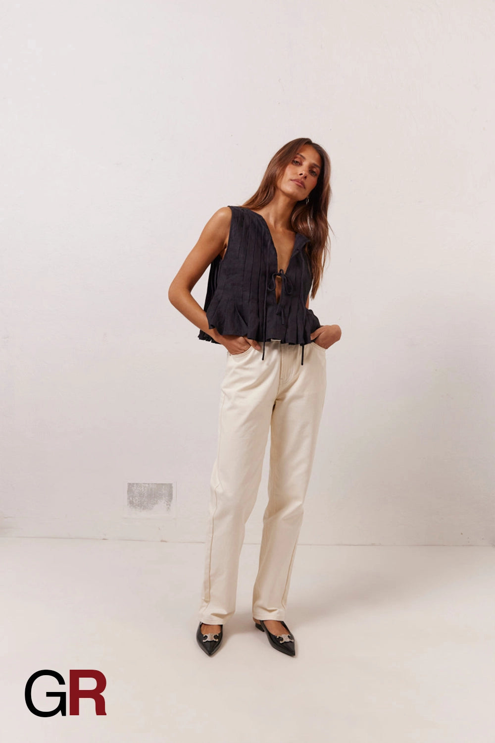 Serene Lace-Up Black Cotton-Linen Shirt - GlamoROZ