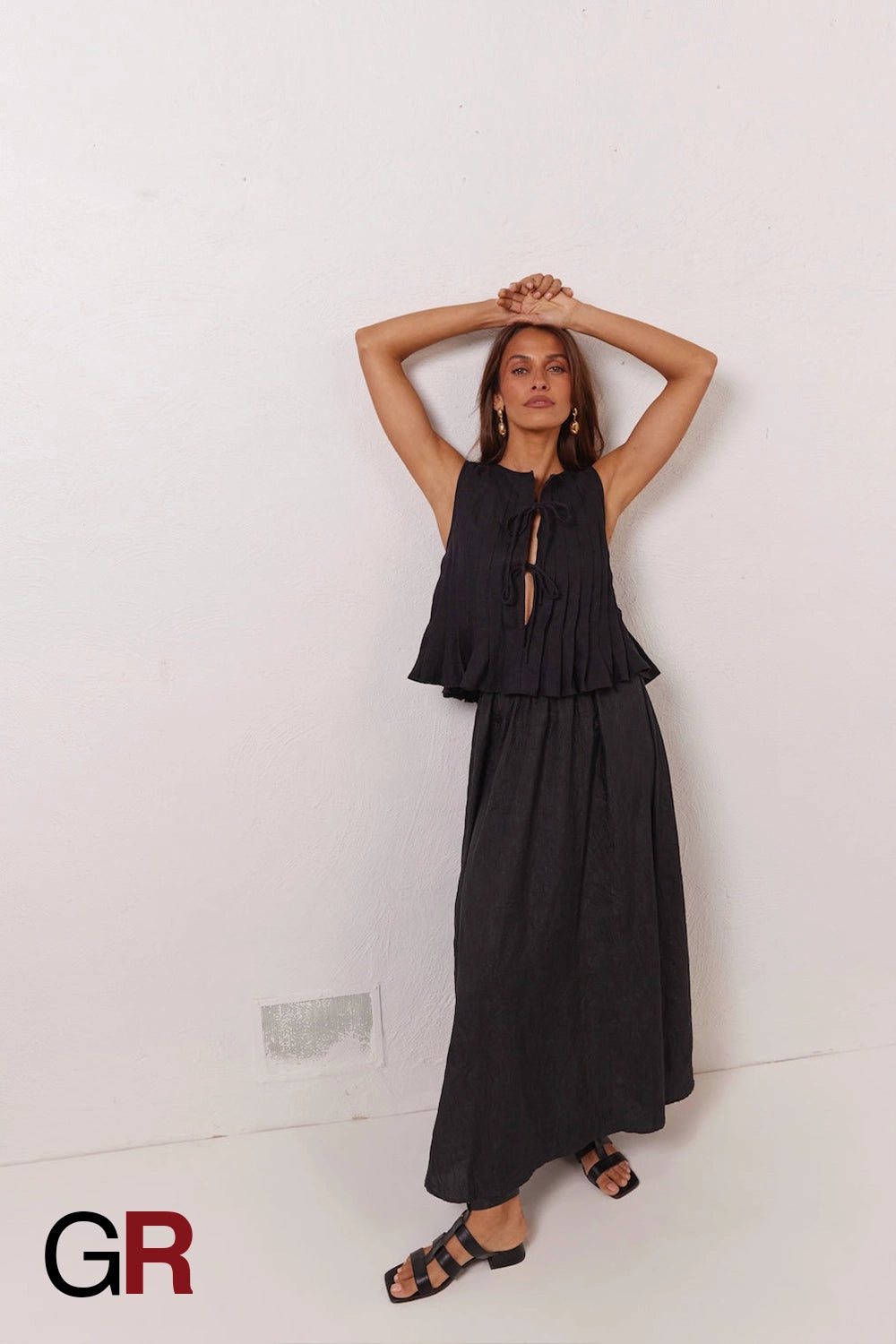 Serene Lace-Up Black Cotton-Linen Shirt - GlamoROZ