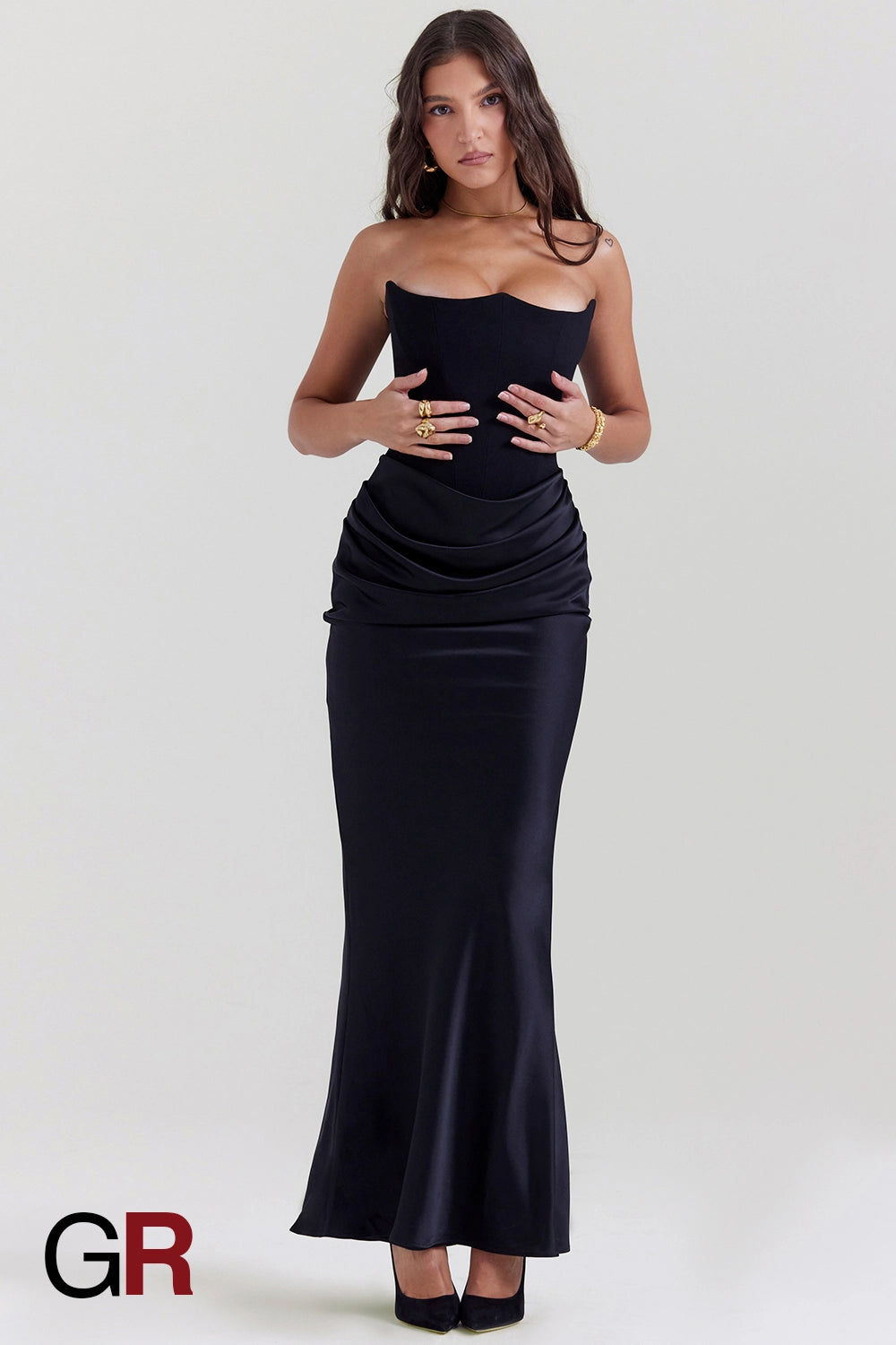 Fishbone Bandeau Backless Evening Black Gown - GlamoROZ