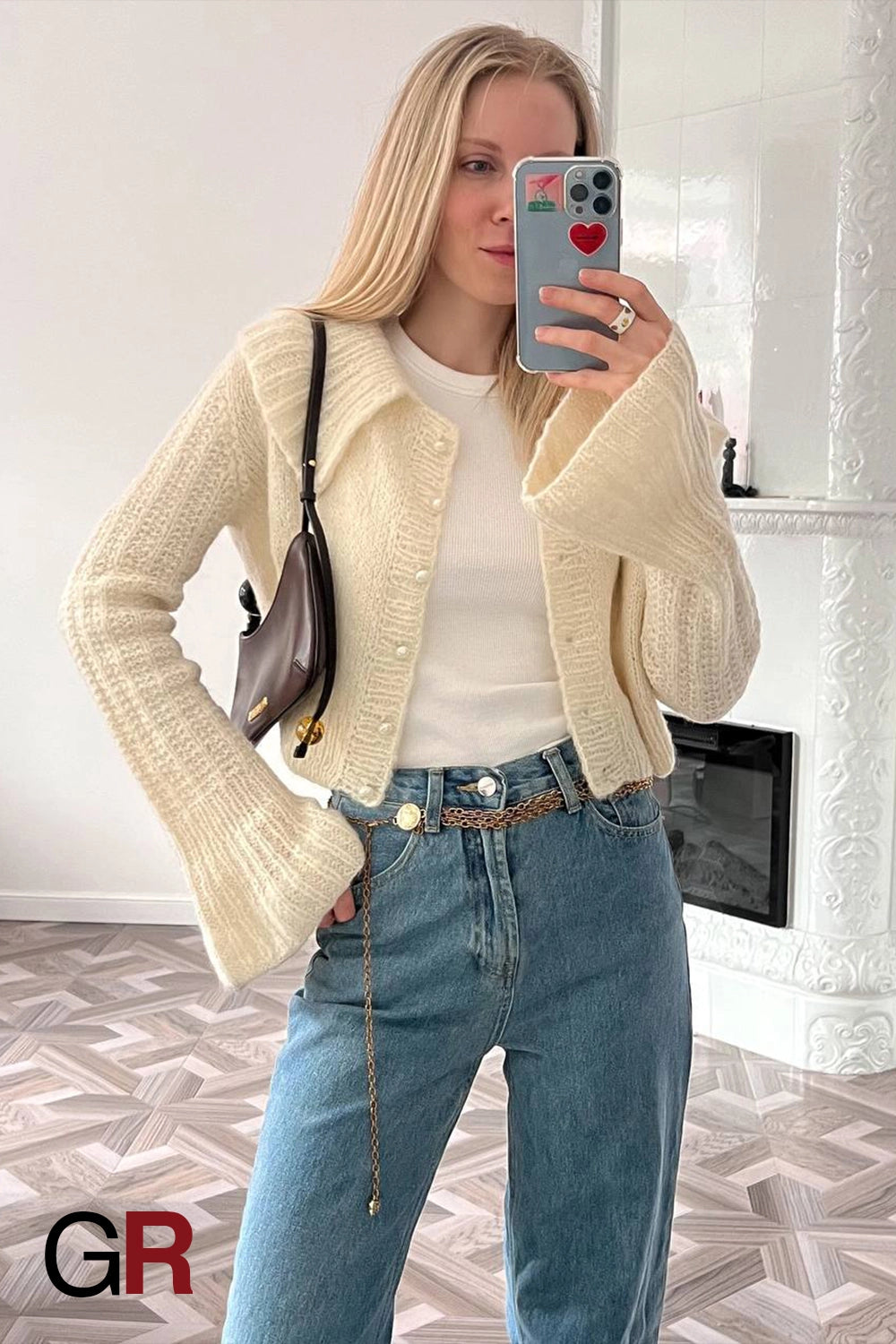 Luxe Short Lapel Bell Sleeve White Sweater - GlamoROZ