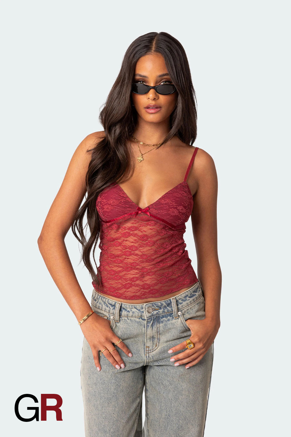 Vivid Charm V-Neck Bow Strap Red Top - GlamoROZ