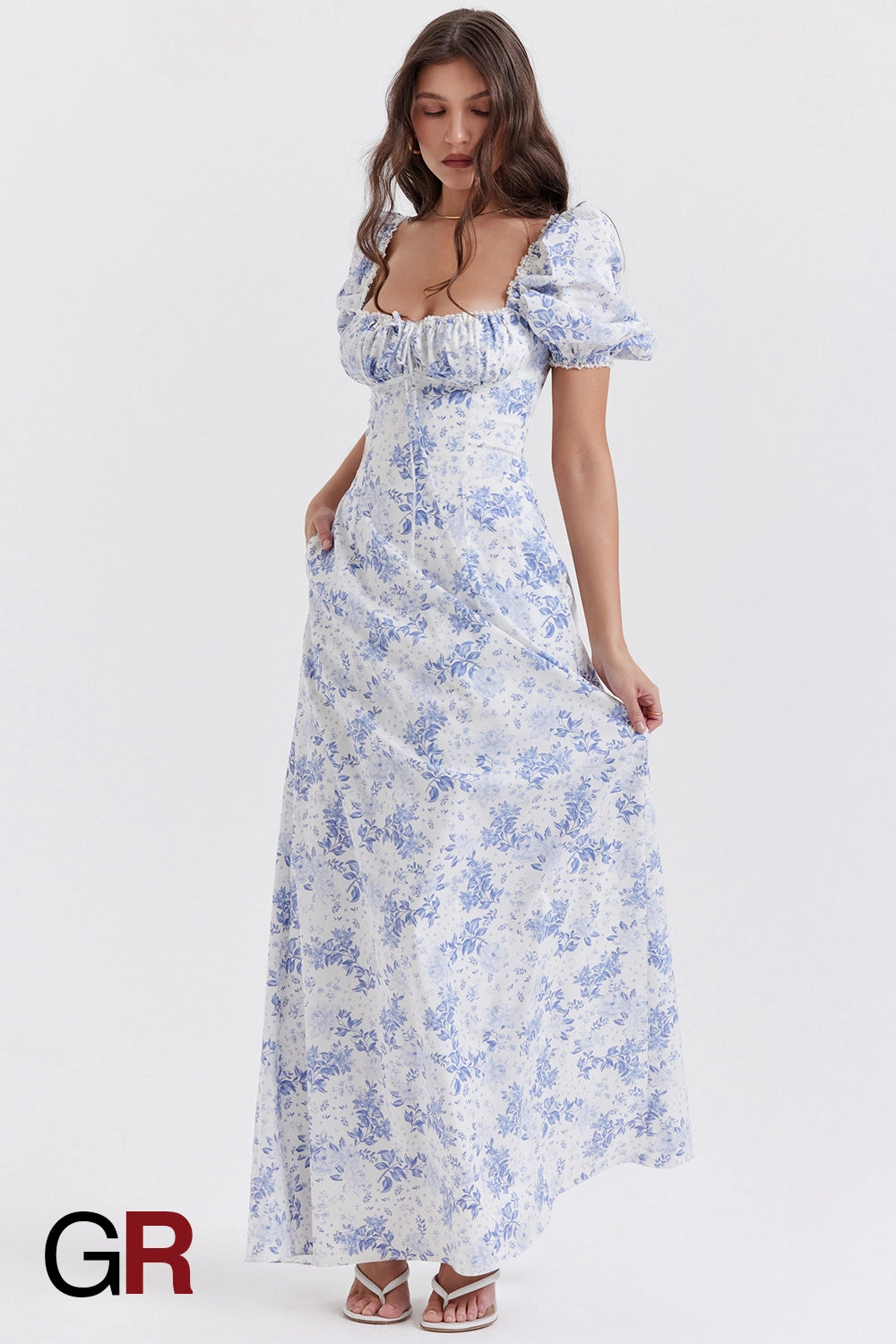 Printed Bubble Sleeve Zipper Blue Dress - GlamoROZ