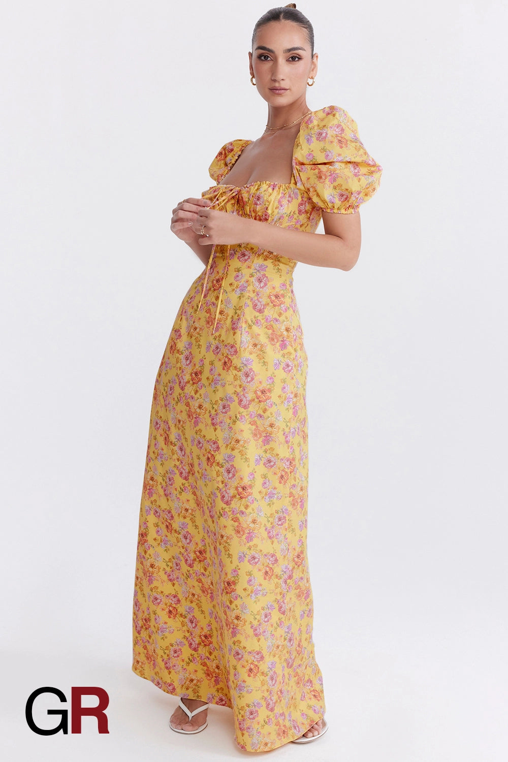 Printed Bubble Sleeve Zipper Yellow Dress - GlamoROZ