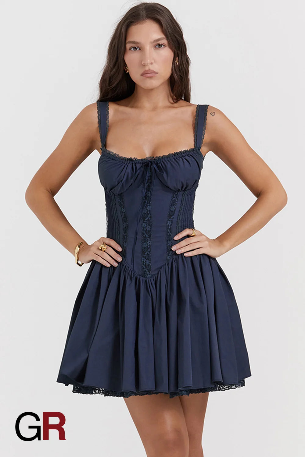Lace-Up Pleated Blue Suspender Mini Dress - GlamoROZ