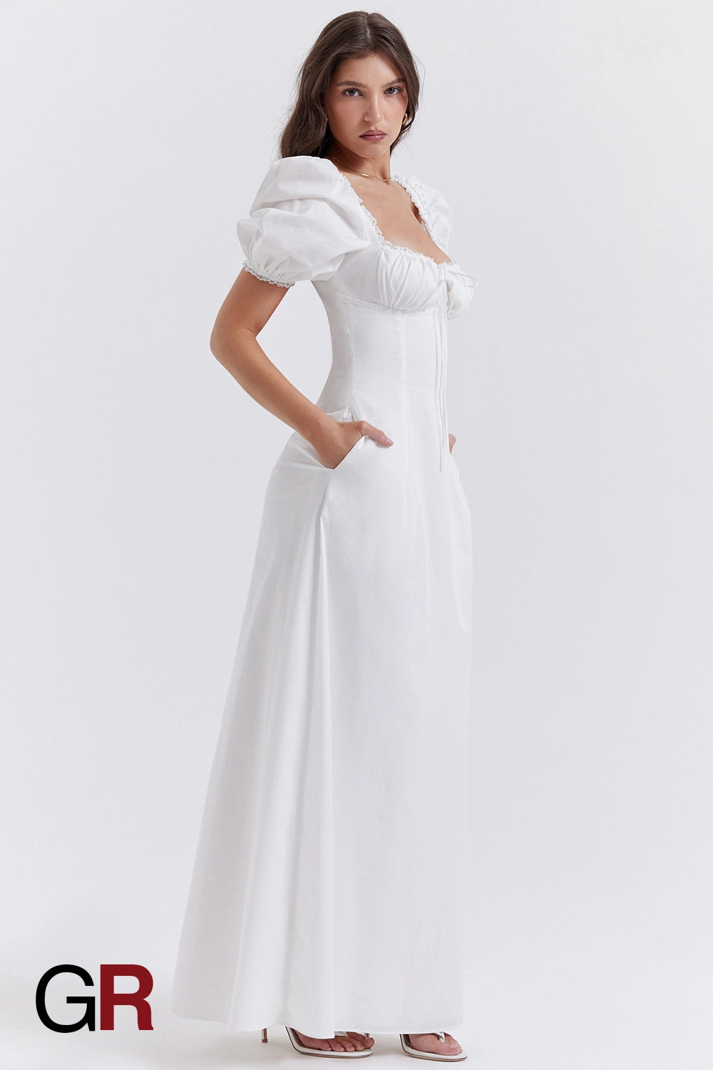 Printed Bubble Sleeve Zipper White Dress - GlamoROZ