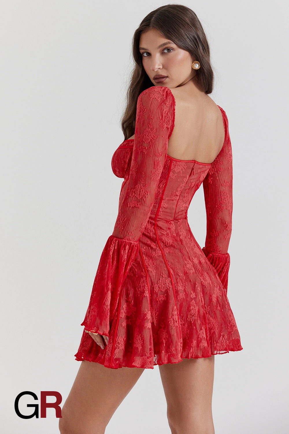 Lace Bell Sleeve Elegance Red Dress - GlamoROZ