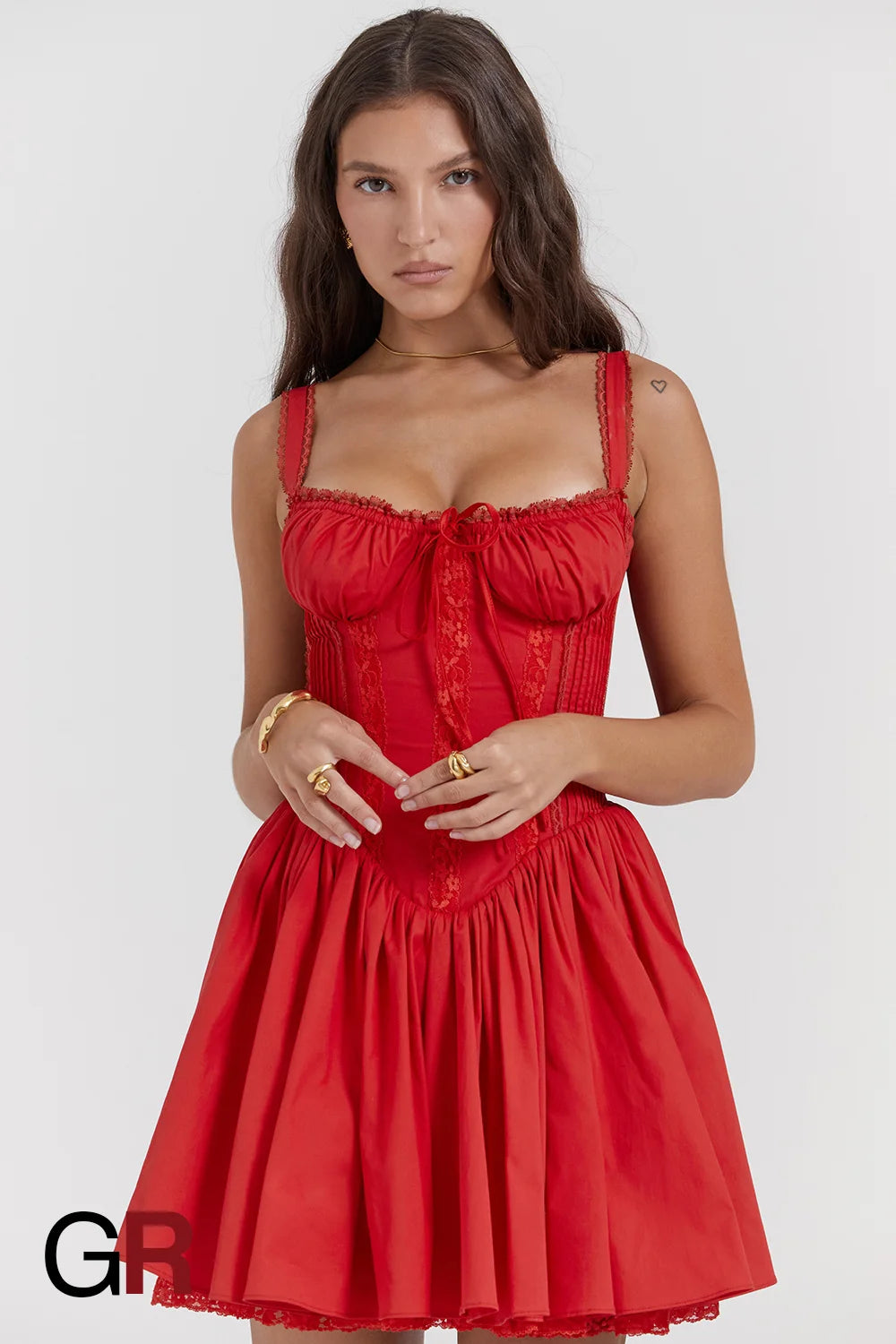 Lace-Up Pleated Red Suspender Mini Dress - GlamoROZ