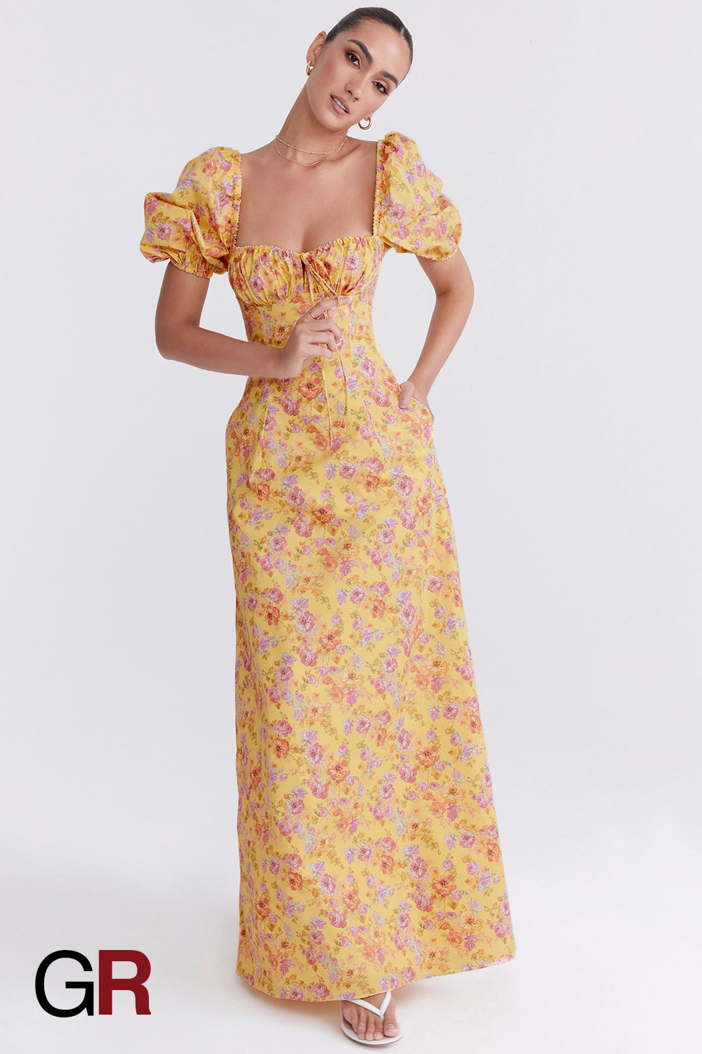 Printed Bubble Sleeve Zipper Yellow Dress - GlamoROZ