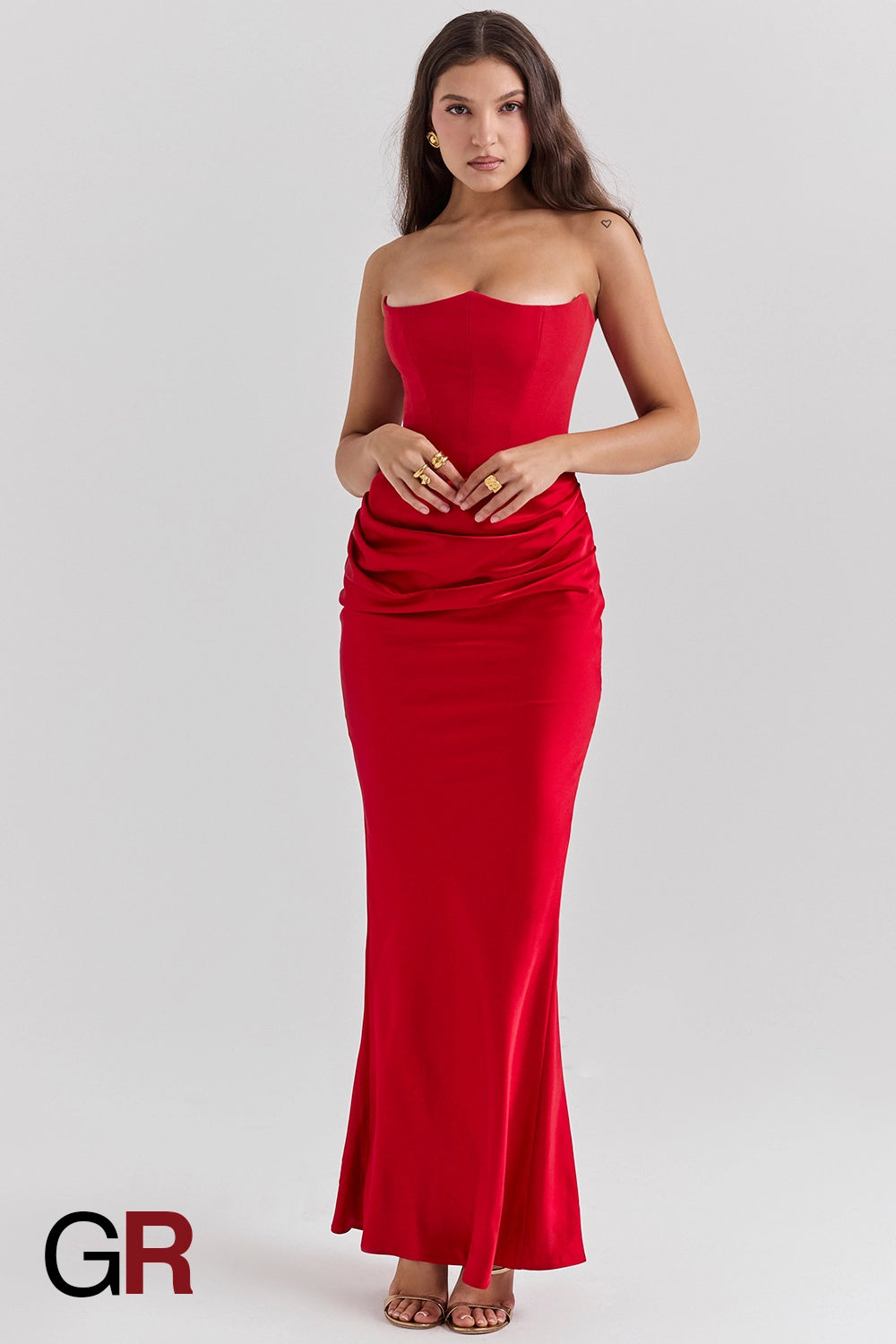 Fishbone Bandeau Backless Evening Red Gown - GlamoROZ