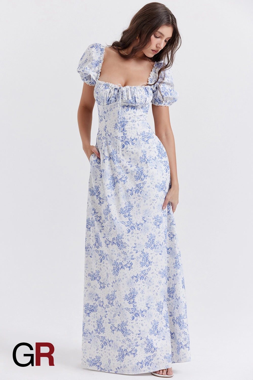 Printed Bubble Sleeve Zipper Blue Dress - GlamoROZ