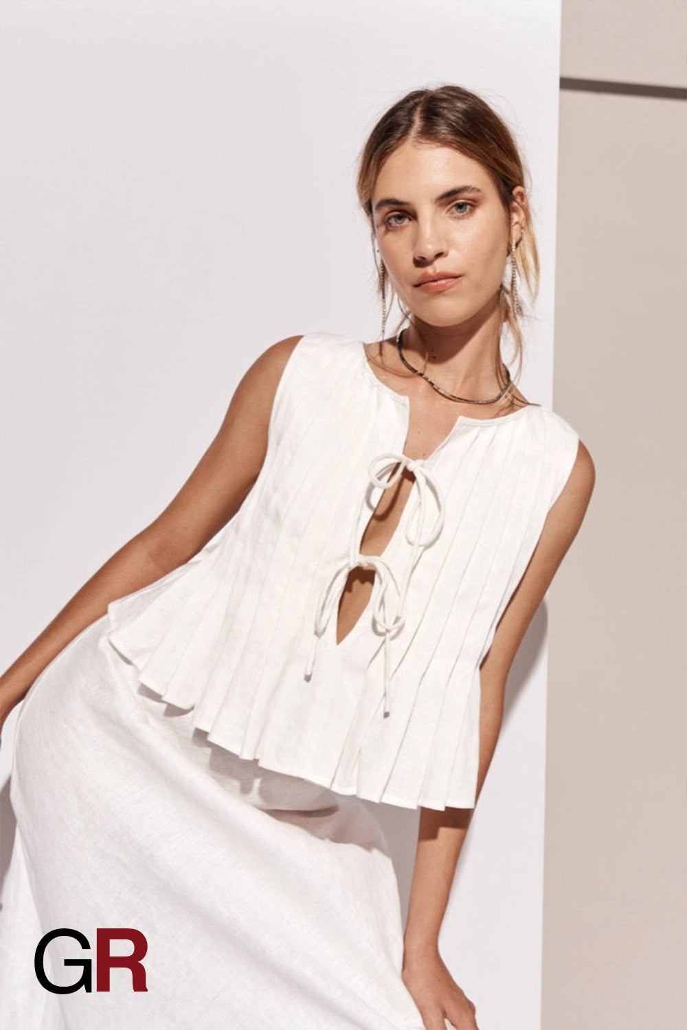 Serene Lace-Up White Cotton-Linen Shirt - GlamoROZ