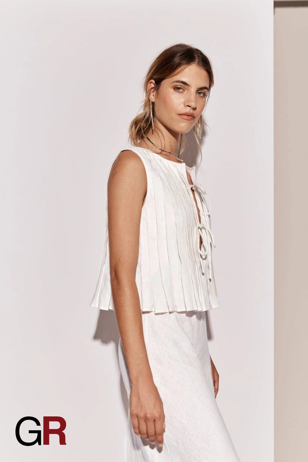 Serene Lace-Up White Cotton-Linen Shirt - GlamoROZ