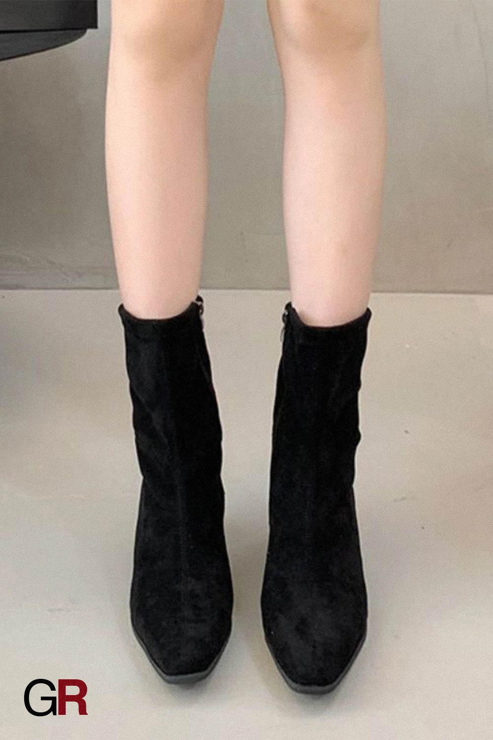 Square Toe High Heel Middle Boots Side Zipper Retro Kitten Heel Booties
