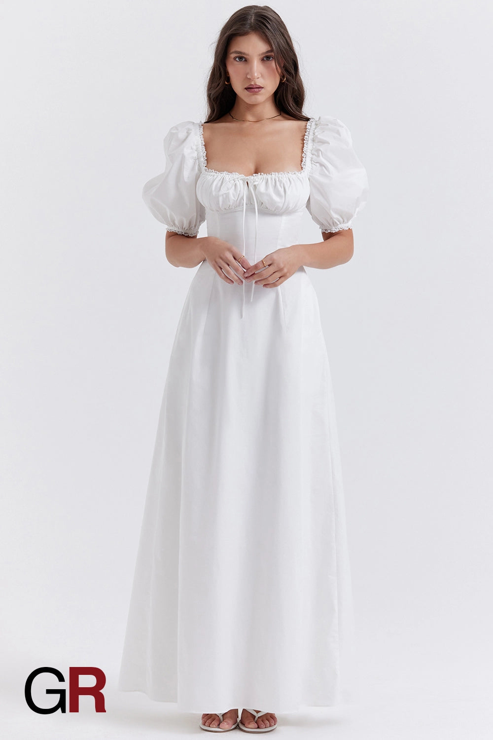 Printed Bubble Sleeve Zipper White Dress - GlamoROZ