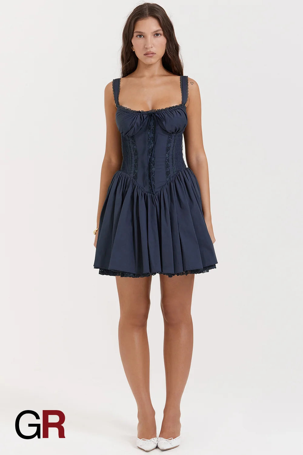 Lace-Up Pleated Blue Suspender Mini Dress - GlamoROZ