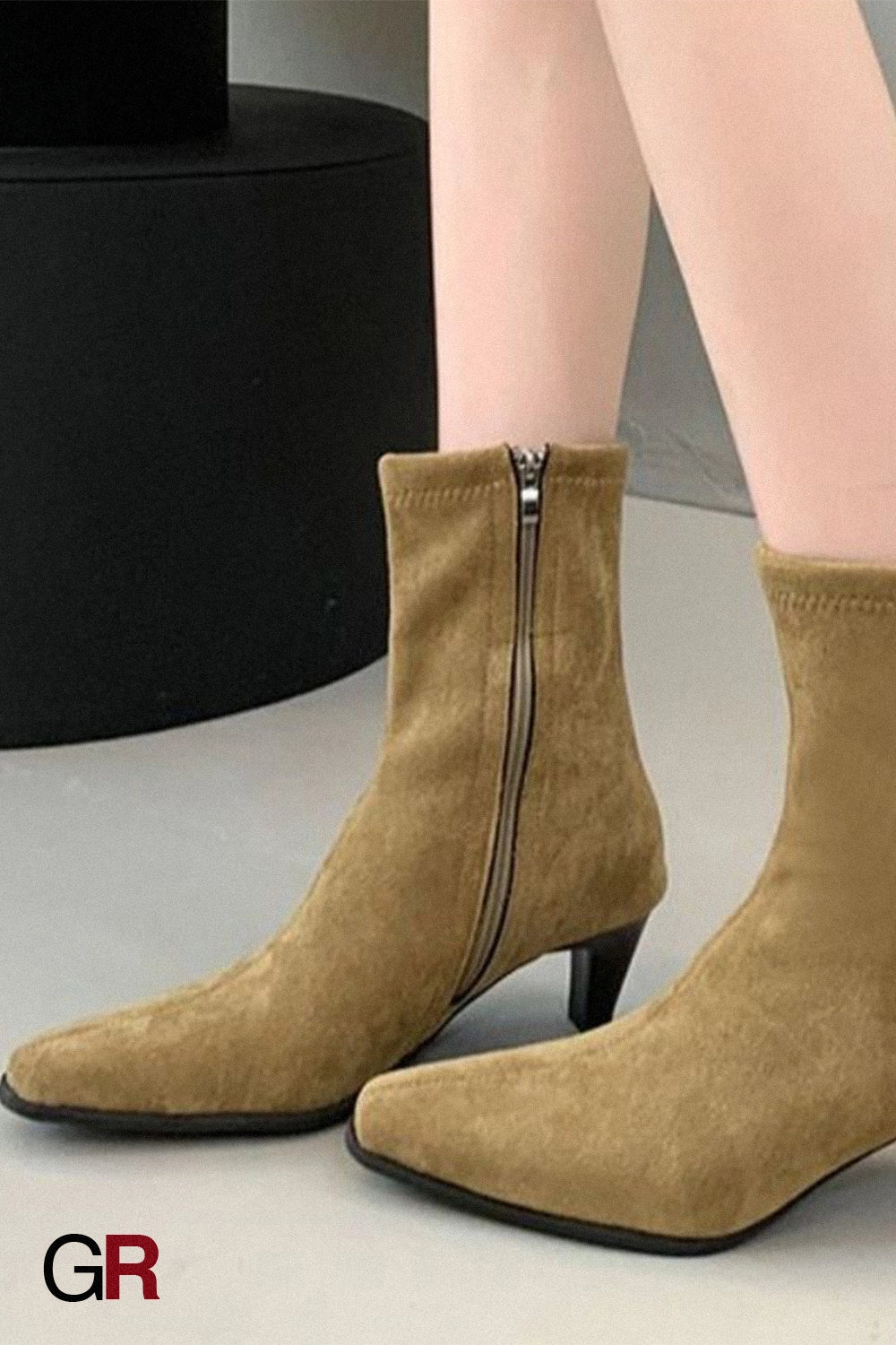 Square Toe High Heel Middle Boots Side Zipper Retro Kitten Heel Booties