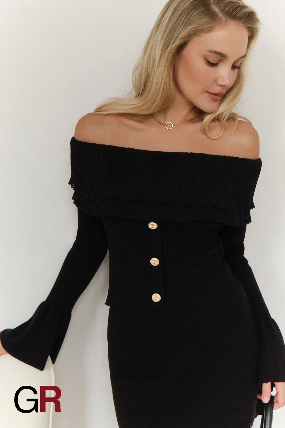 Opulent Black Off-Shoulder Knitwear - GlamoROZ