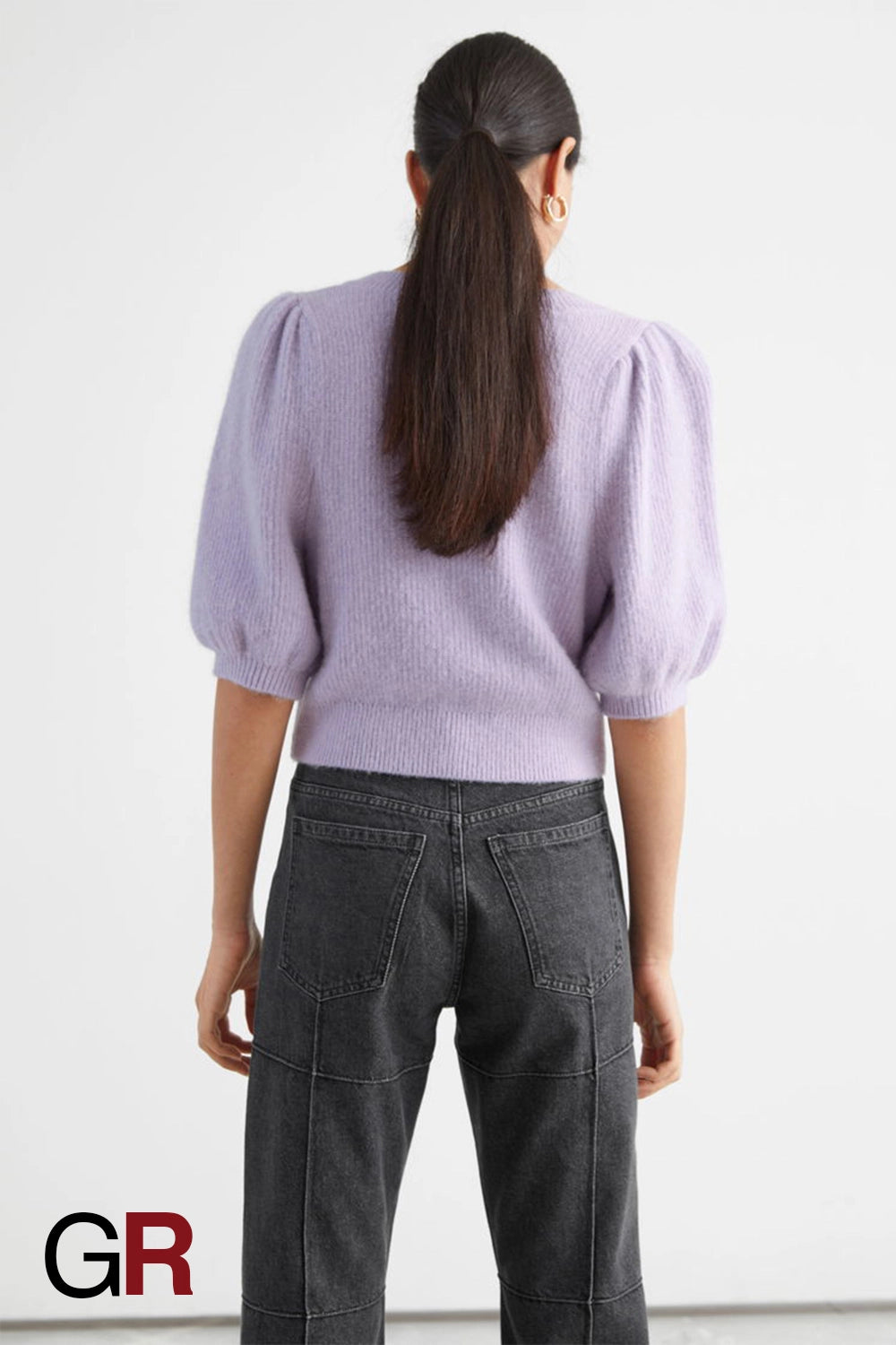 Regal Swan Neck Floral Buckle Puff Sleeve Knitted Purple Cardigan - GlamoROZ