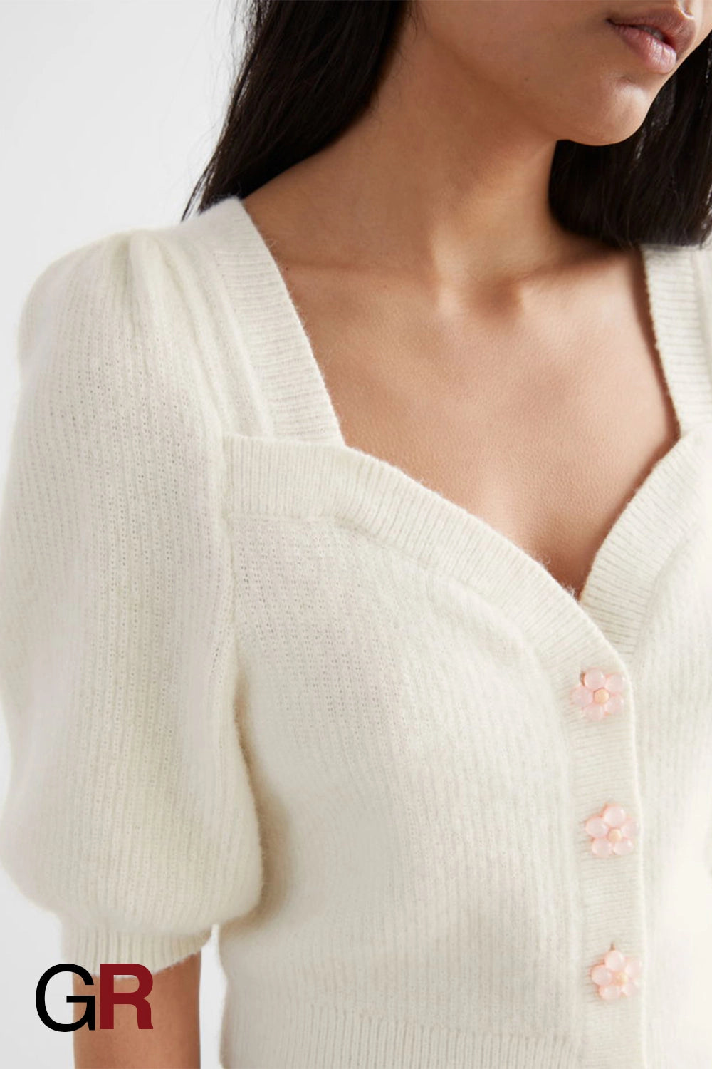 Regal Swan Neck Floral Buckle Puff Sleeve Knitted White Cardigan - GlamoROZ