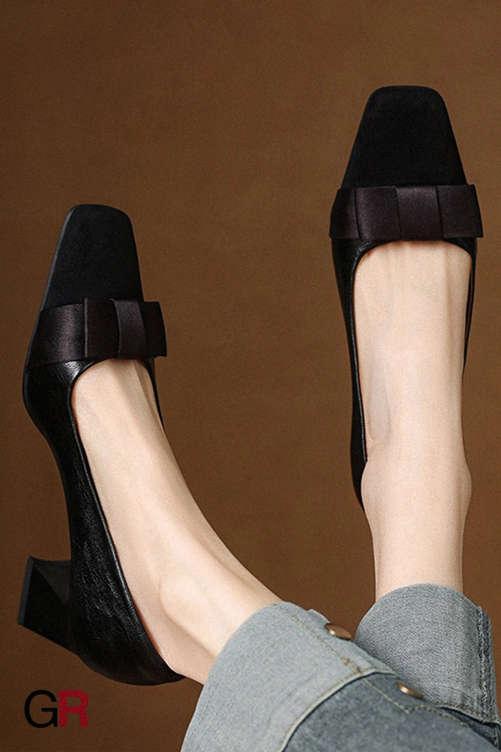 Retro Square Head Stitching Chunky Heel Pumps Women's Spring And Autumn New Bow Low-cut High Heels