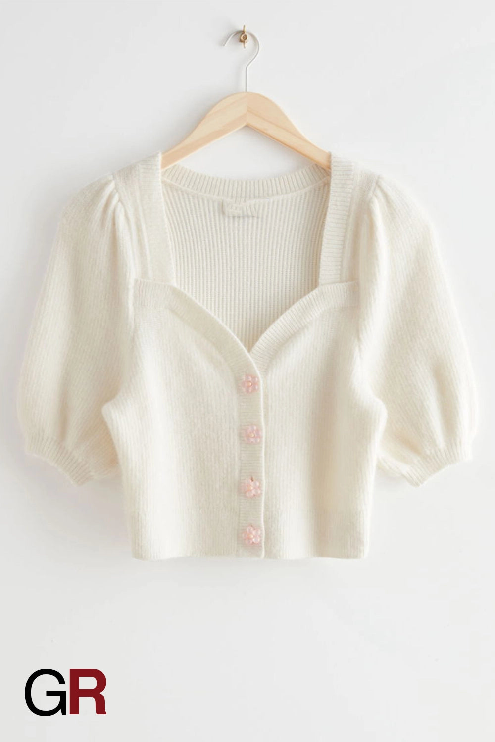 Regal Swan Neck Floral Buckle Puff Sleeve Knitted White Cardigan - GlamoROZ