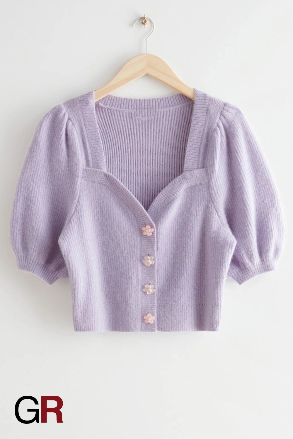 Regal Swan Neck Floral Buckle Puff Sleeve Knitted Purple Cardigan - GlamoROZ